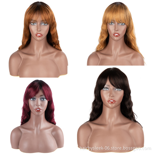 18 inches Wine Red Body Wave Wig With Bangs Brazilian Remy Human Hair Full Machine Made 100% Human Hair Wigs  for black woman